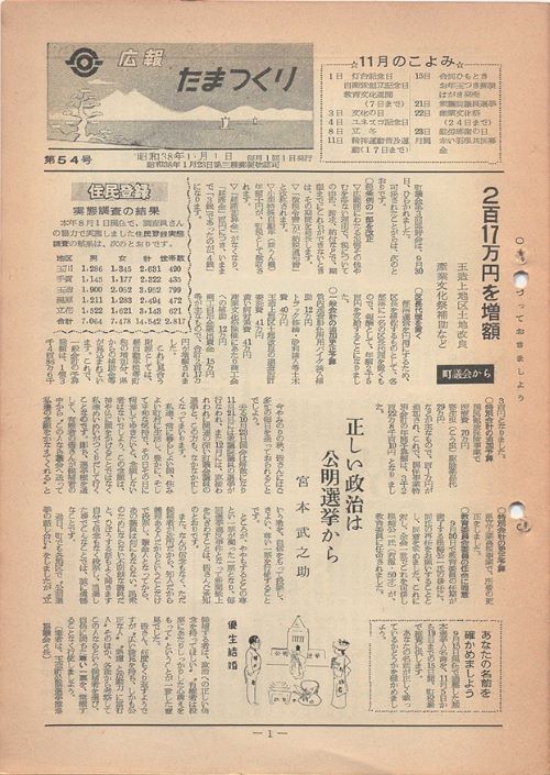 広報たまつくり　第54号（昭和38年11月）の表紙